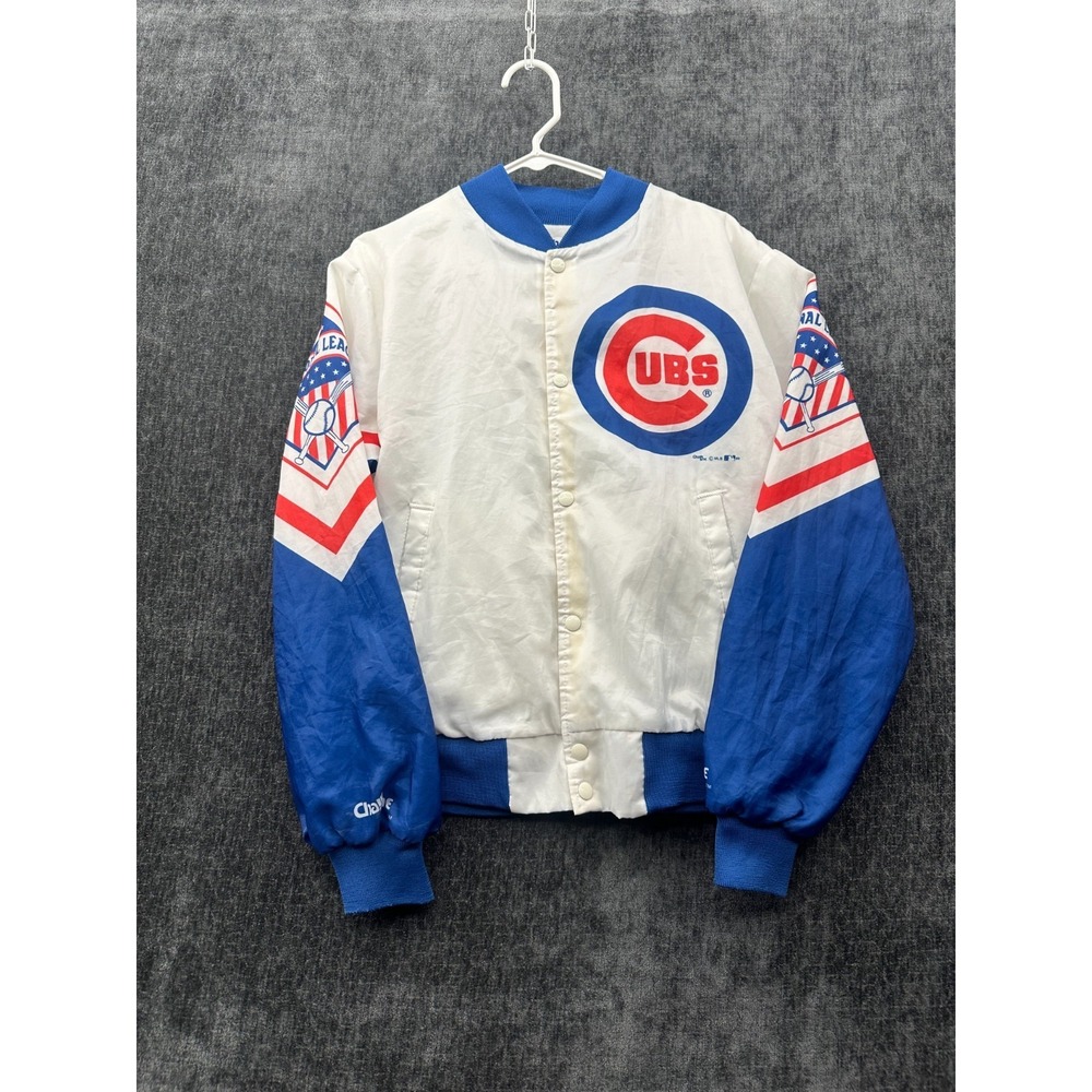 VTG Chicago Cubs Satin Jacket Mens Medium Beige Chalk Line Baseball MLB Athletic